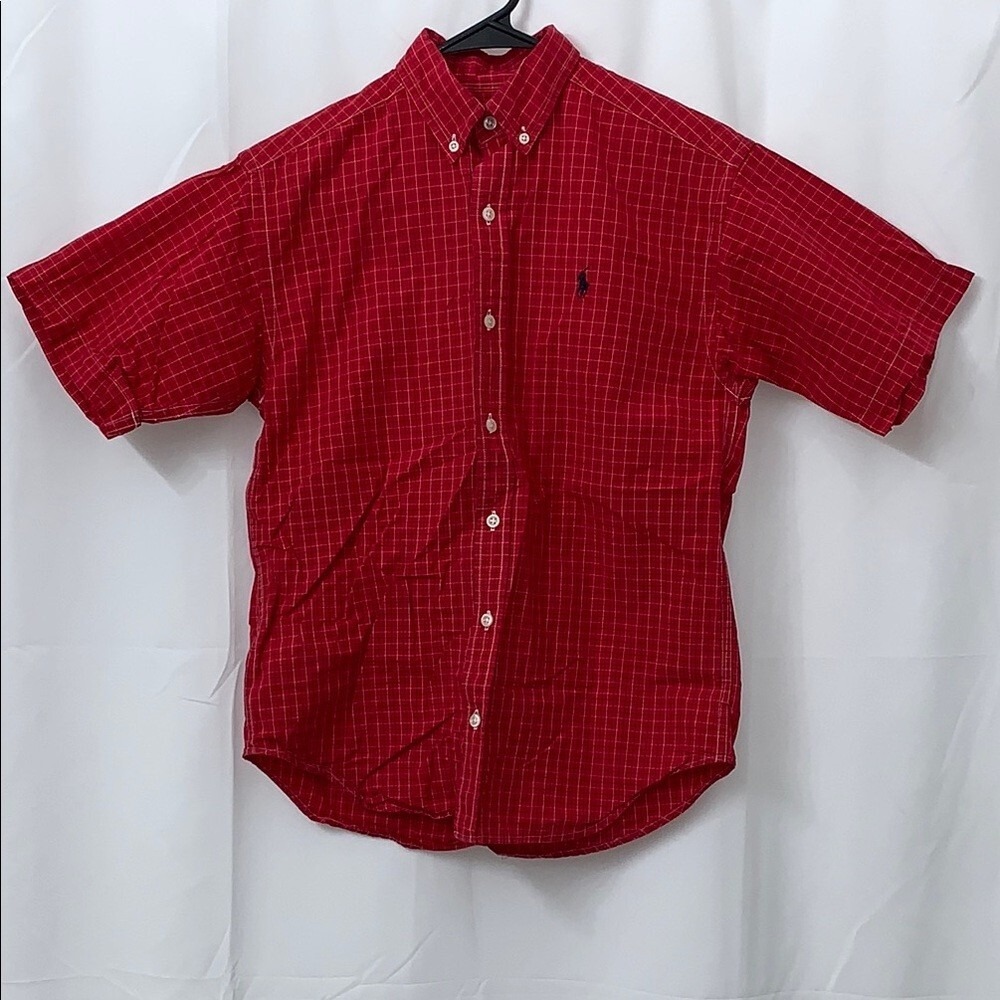 Polo Ralph Lauren Boys Red  Plaid Short Sleeve Button Down Shirt Size Medium M‎